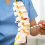 doctor in blue scrubs holding anatomical spinal model for posture correction