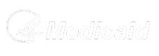 White Medicaid logo with a stylized abstract symbol on the left and the word “Medicaid” in bold, italicized letters on the right, set against a light gray background.