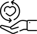 A simple line drawing of an open hand with a heart above it, surrounded by two circular arrows, symbolizing care, giving, or support—a perfect fit for a chiropractor Bellevue practice.