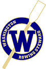 A logo featuring a large blue W inside a circle with the words Washington Rowing Steward around it. A gold and white rowing oar, reminiscent of the strength valued by a chiropractor Bellevue trusts, diagonally crosses behind the circle.