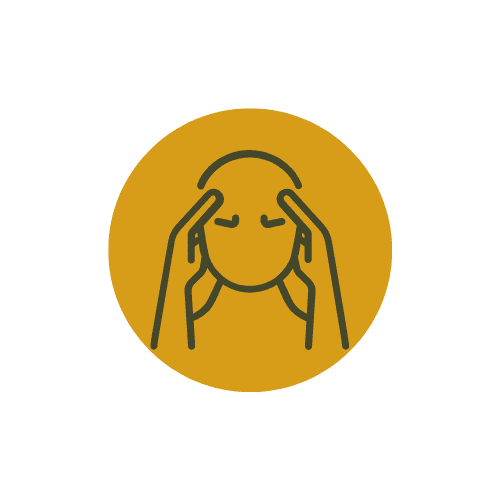 A simple line drawing of a person holding their head with both hands, set inside a mustard yellow circle on a light gray background, symbolizing the relief offered by a chiropractor Bellevue can trust.