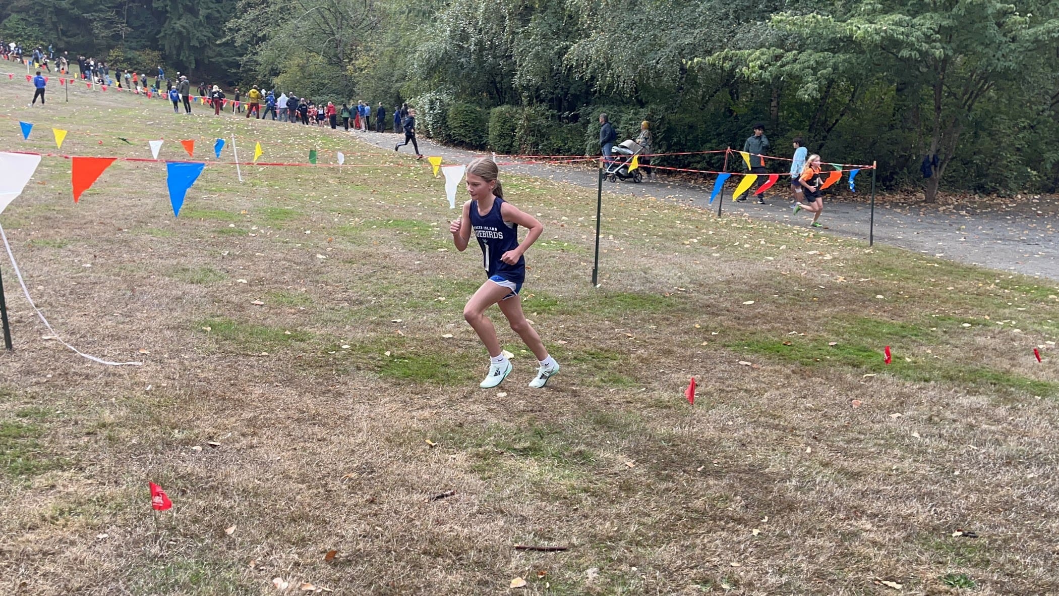 A young girl in athletic wear runs uphill in a cross-country race on a grassy field, cheered on by spectators and colorful flags. Trees line the course, with other runners behind—reminding us how vital pediatric chiropractor care is for growing athletes.