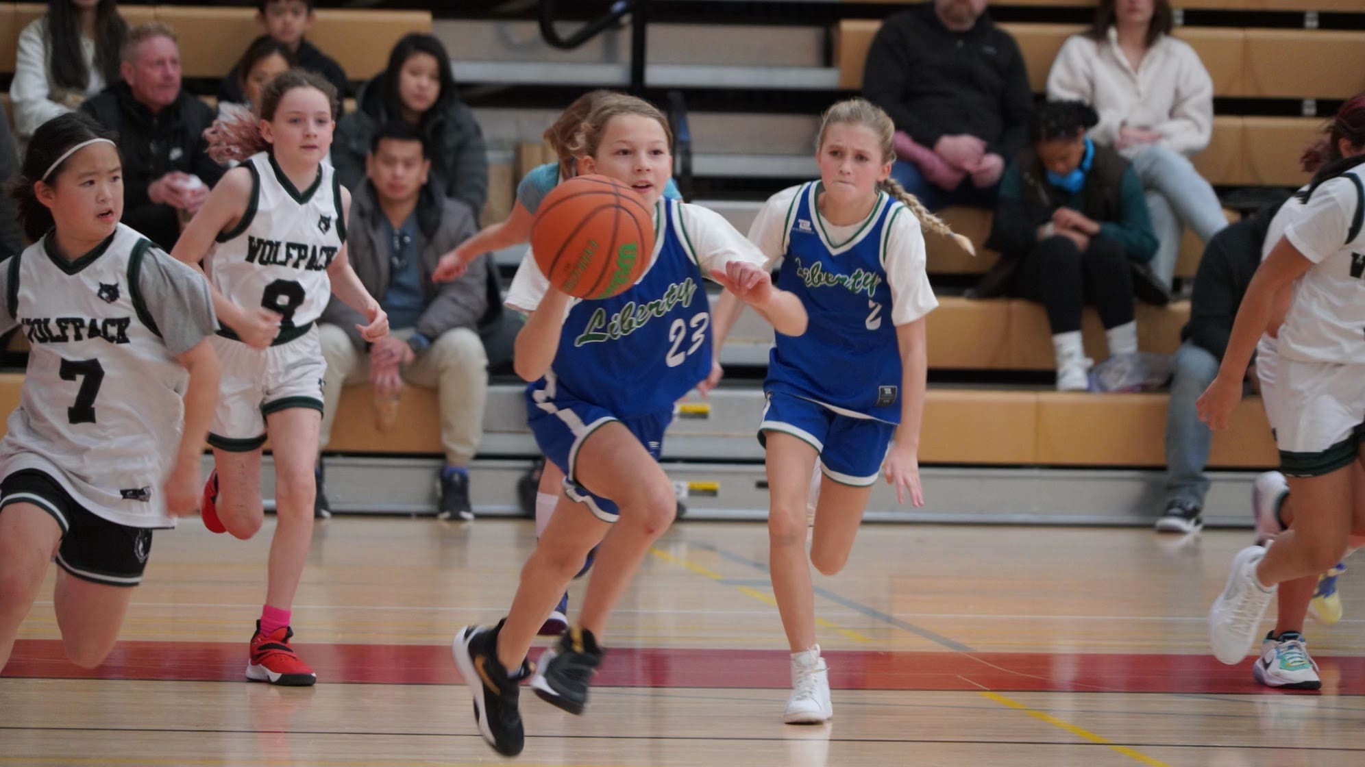 A young girl in a blue Liberty jersey dribbles a basketball quickly down the court, chased by opponents in white Wolfpack uniforms during a youth basketball game, as spectators and sports chiropractic enthusiasts watch from the bleachers.