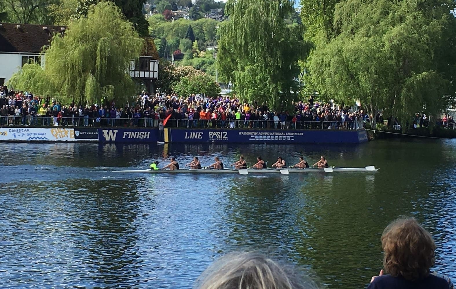 A rowing team of eight and a coxswain race on a river, approaching the finish line as a large crowd, including sports chiropractic specialists, watches from the bank on a sunny day surrounded by trees.