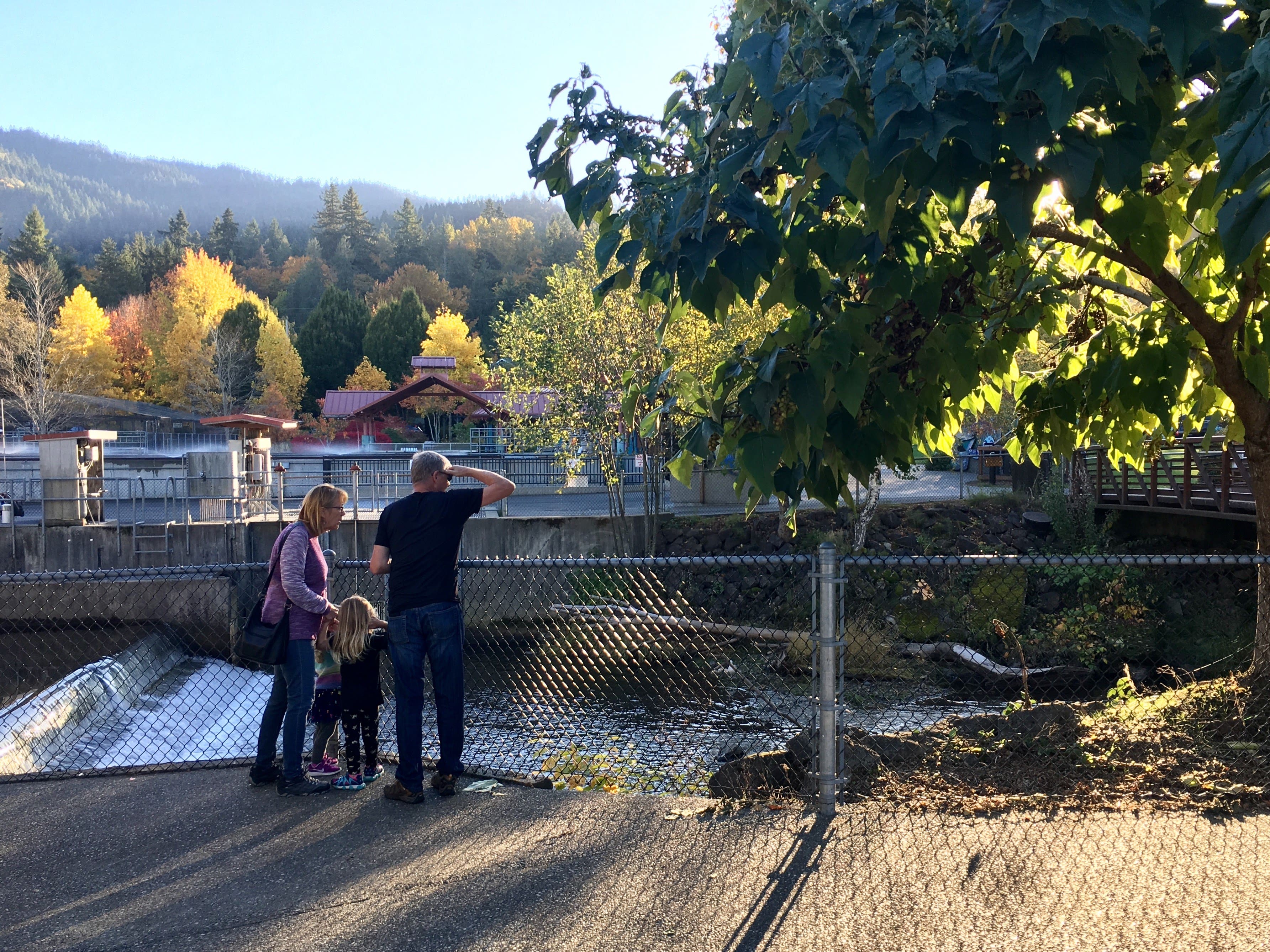 A family of three stands by a chain-link fence in Issaquah, overlooking a small waterfall surrounded by autumn foliage and distant mountains beneath a clear sky.
